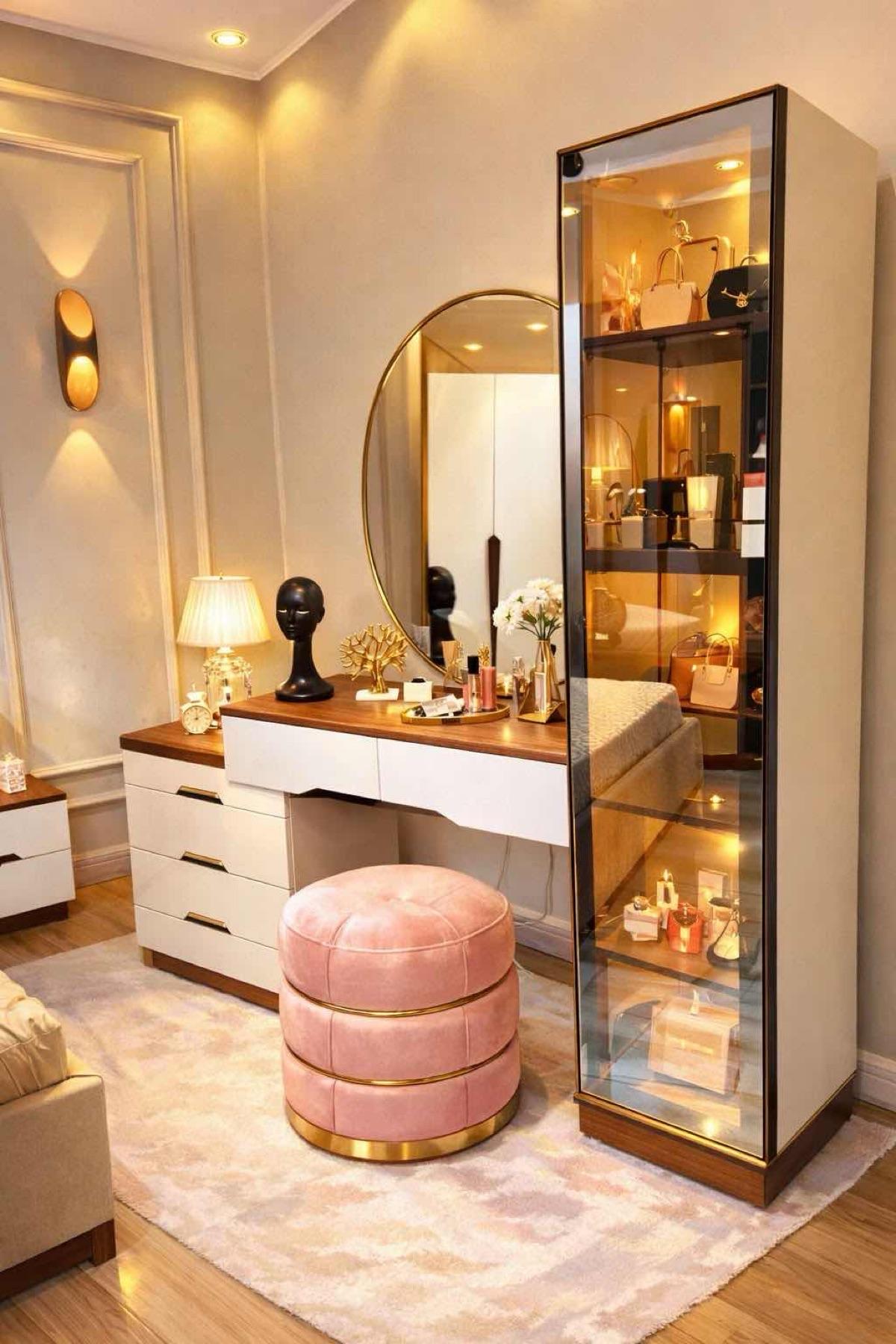 Ensemble coiffeuse moderne avec miroir et pouf en velours